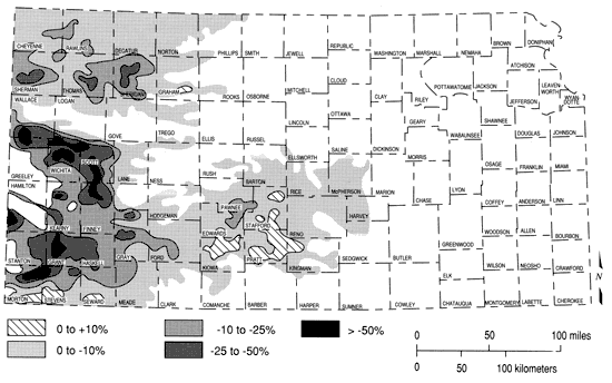 Map showing changes in saturated thicknesses in High Plains aquifer; highest decline in 12 southwest counties; increases in Kiowa, Pratt, and Stafford
