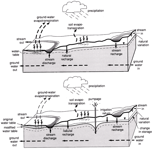 Streams reaching water table may receive ground water; streams above table can help in recharge; pumping from aquifer may lower water table and affect those relationships