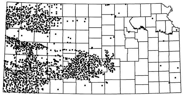 Map showing locations of monitoring wells in Kansas; most sample the High Plains aquifer in western Kansas