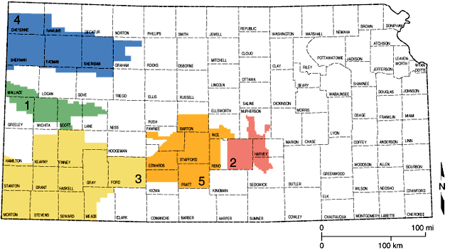 Map showing boundaries of 5 groundwater management districts in Kansas