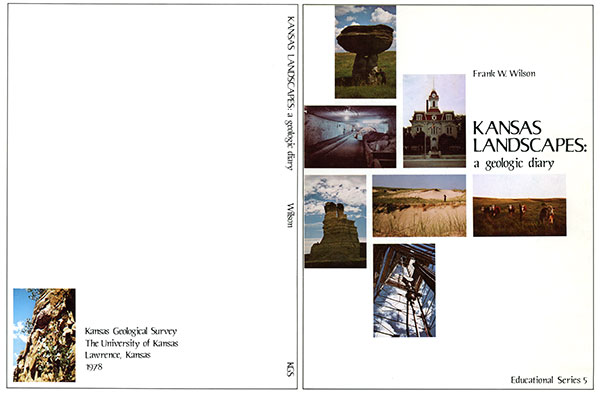 Small image of the cover of the book; white paper, several small color photos of Kansas scenes, black text.