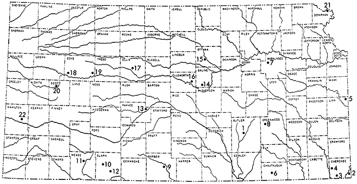 Map of the state with locations described below marked on the map.