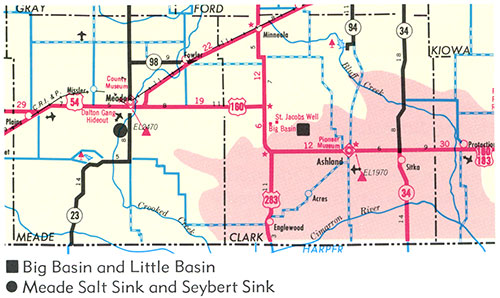 Location map. Big Basin and Little Basin; Meade Salt Sink and Seybert Sink.