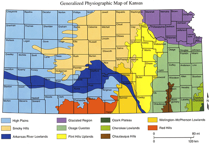 Generalized physiographic map of Kansas.