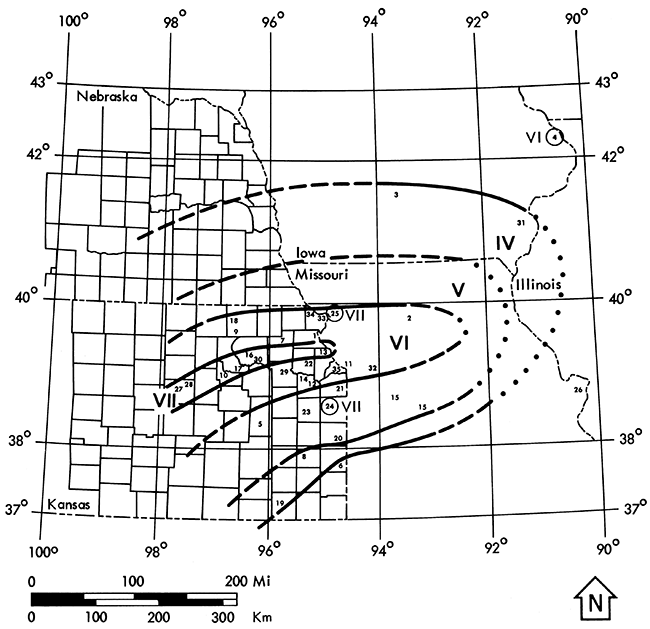 Isoseismal map of the April 24, 1867 earthquake in Kansas.