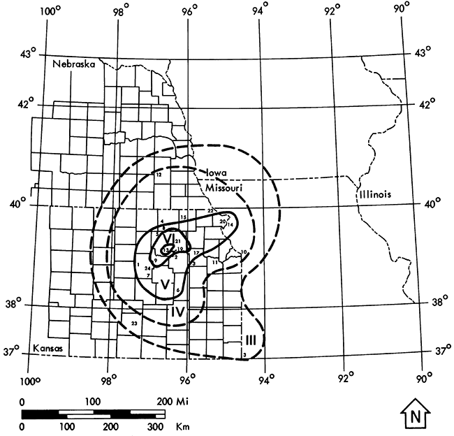 Isoseismal map of the January 7, 1906, earthquake in Kansas .
