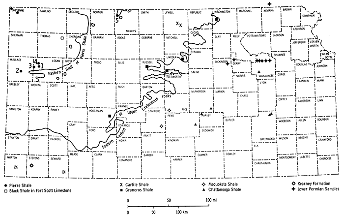 Map of Kansas showing eastern limit of Cretaceous rocks is a line from Stanton and Grant in the SW to Ford and then up to Washington County.