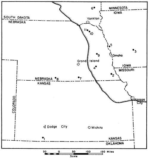 Map of Kansas, Nebraska, and surrounding states; sample 1 south of Dodge City, other samples in Nebraska, western Iowa, and SE South Dakota.