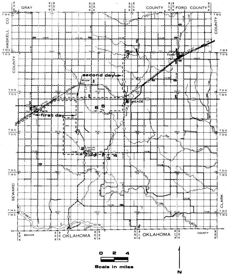 Map of Meade County; field trip to the west and north of Meade; county surrounded by Oklahoma to south, Seward and Haskelll co. to west, Gray and Ford co. to north, and Clark Co. to east.