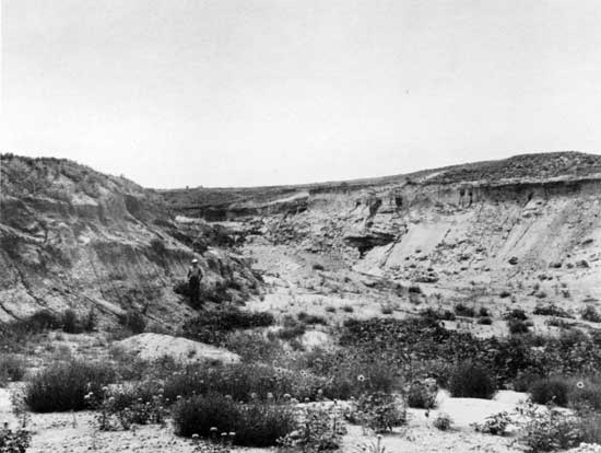 Black and white photo of gravel pit; man standing for scale.