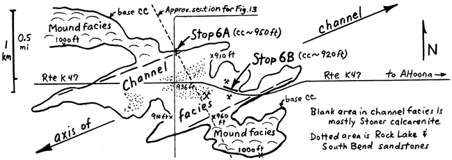 Stop 6a is where mound facies meets channel facies; stop 6b is within channel facies.