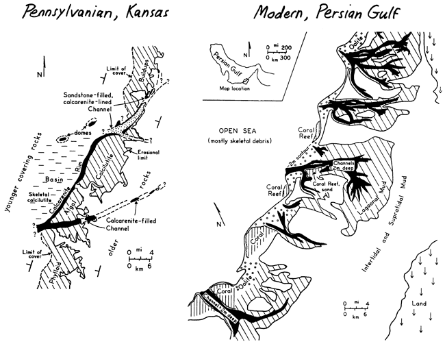Two maps comparing Pennsylvanian in Kansas with modern features of Persian Gulf.
