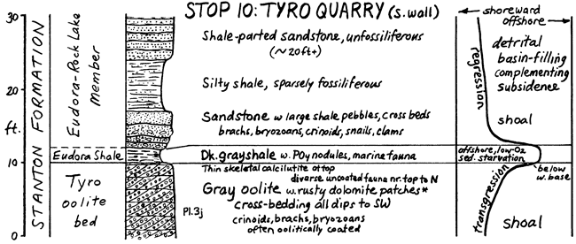 Stop 10, from top in Stanton Fm, Eudora-Rock Lake Mbr, Eudora Sh, and Tyro oolite bed.