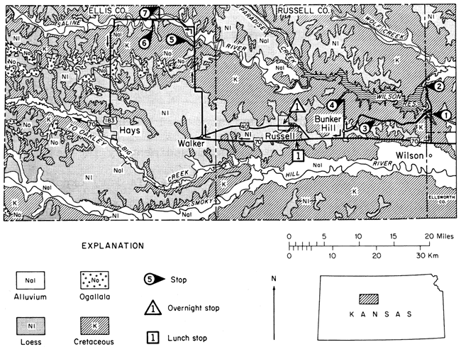 Geologic map with overlay of route showing first 7 stops.