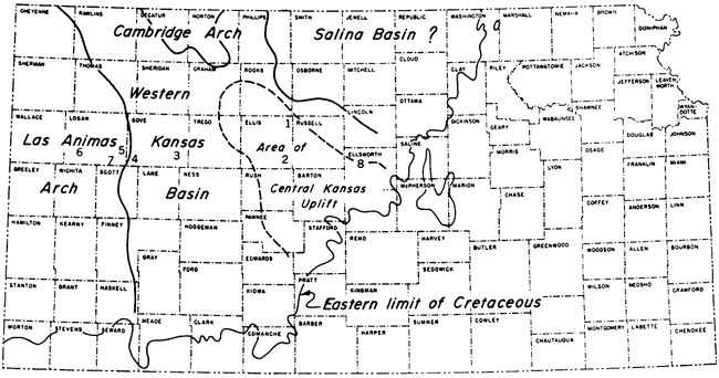 Fairport-Natoma anticline andPfeifer anticline are in Ellis Co.; Alanthus dome and Hell Creek anticline are in Gove Co.; Elkader dome, Twin Buttes anticline, and Chalk Creek dome are in Logan Co.; and Ellsworth-Kanopolis anticline is in Ellsworth Co.