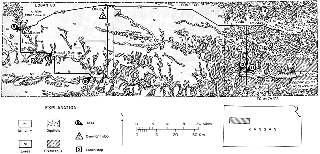 Geologic map with overlay of route stops 8 through 12.