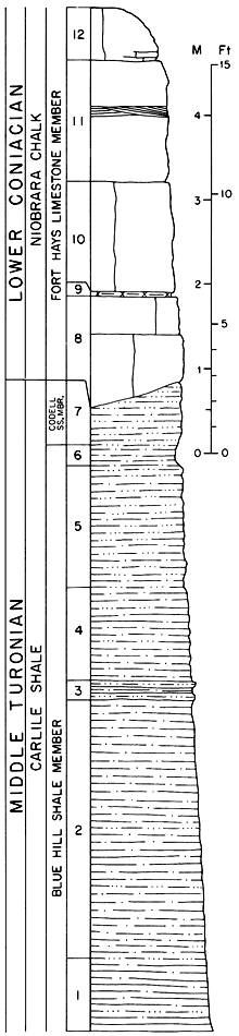 From top, Fort Hays Ls Mbr of Niobrara Chalk and Blue Hill Sh Mbr of Carlile Shale.