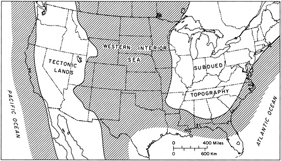 Western Interior Sea coverd lands from central Texas and New Mexico to Montana, the Dakotas, and Minnesota; subdued topography was in the Ohio River Valley, with tectonic lands in band from Arizona and California to Idaho and Washington.