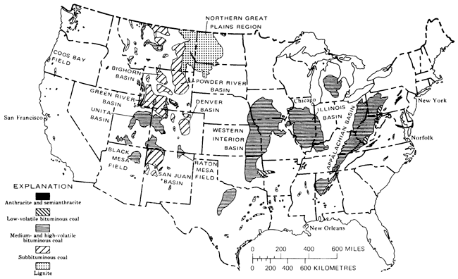 Map of USA showing distribution and types of coal found; medium- and high-volatile bituminous coal in eastern Kansas bed.