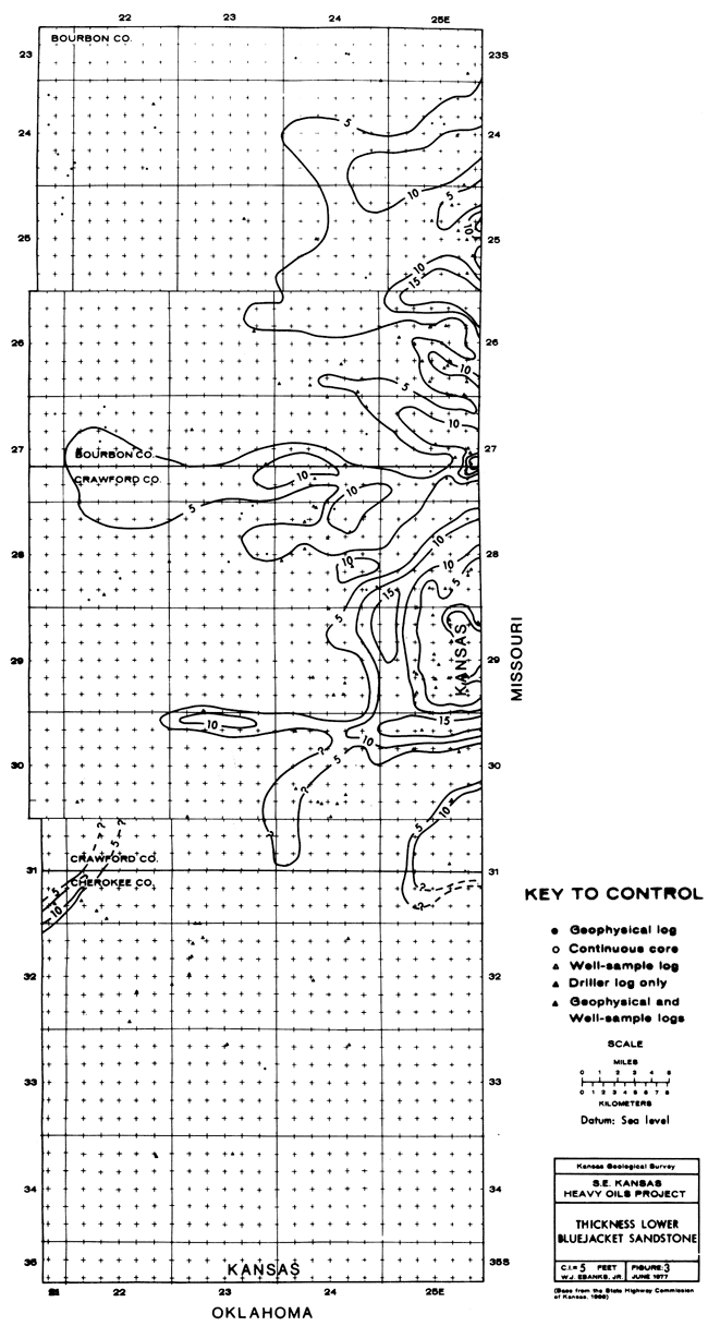 Lower sandstone thick as 10-15 feet along Crawford-Bourbon county line, drops to 5 to north and south.