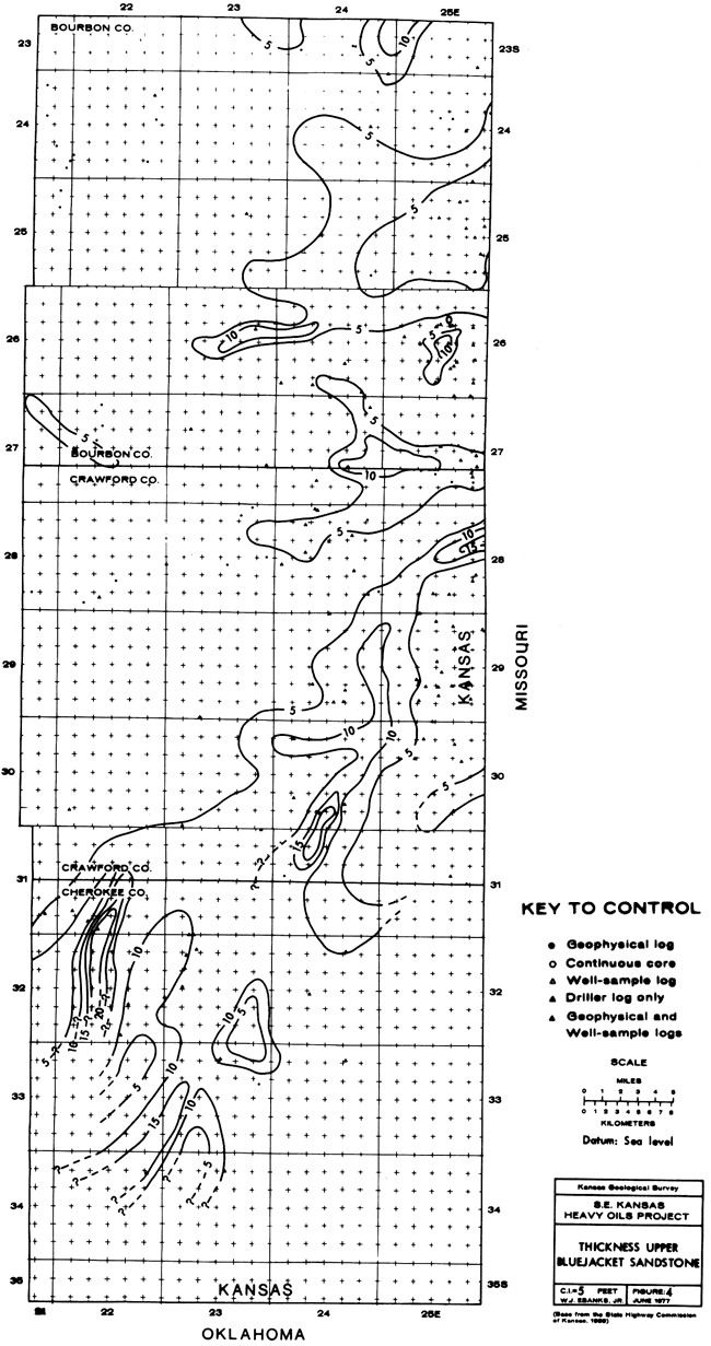 Upper sandstone thick as 20 feet in NW Cherokee, 10 feet in rest of Cherokee and Crawford counties; drops to 5 feet in northern Bourbon.