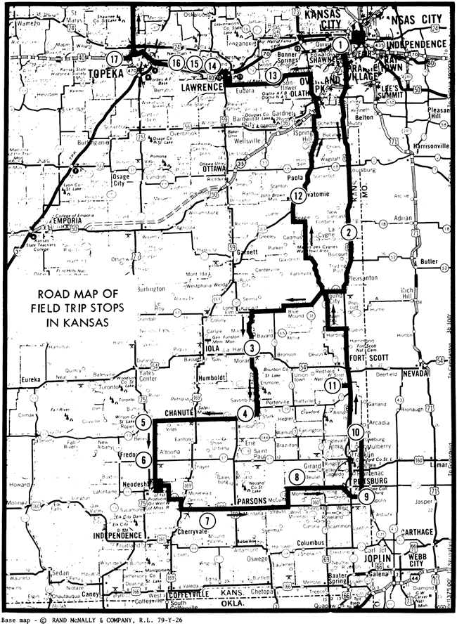 Map of eastern Kansas showing field trip stops.