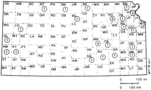 Map of Kansas showing locations of paleoindian sites recorded.