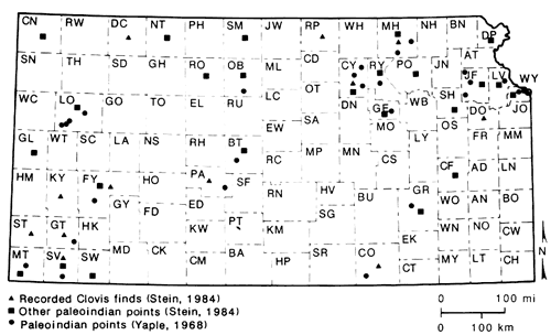 Map of Kansas showing locations of paleoindian projectile points recorded.