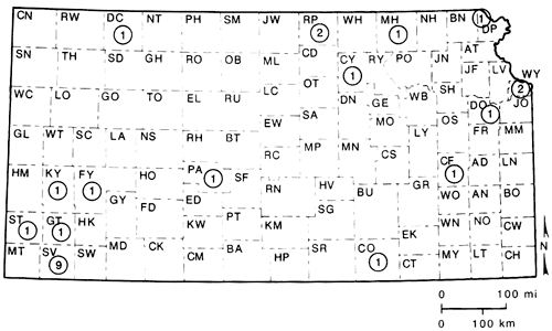 Map of Kansas showing locations of Clovis projectile points recorded.