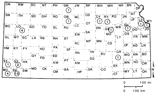 Map of Kansas showing locations of Plano projectile points recorded.