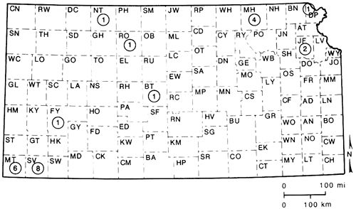 Map of Kansas showing locations of Plainview projectile points recorded.