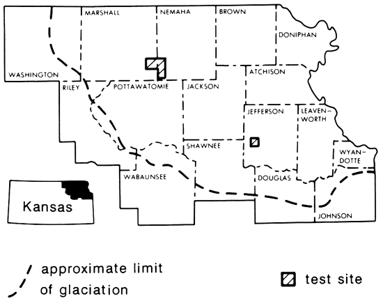 Study site in SE Marshall and SW Nemaha counties, well within area once coverd by glacier.