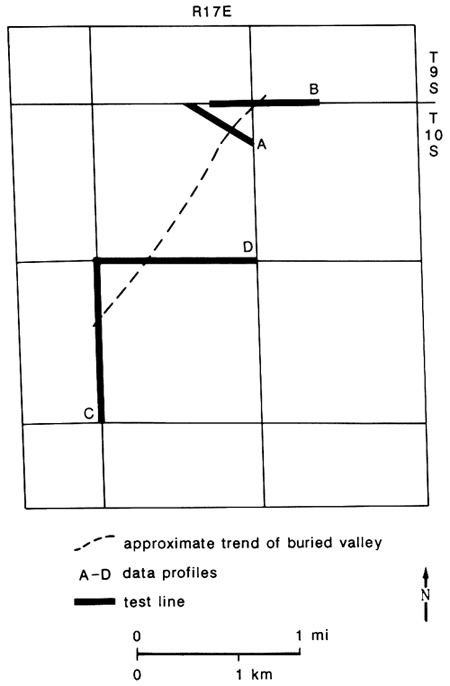 Four data lines cross approximate trend of buried valley.