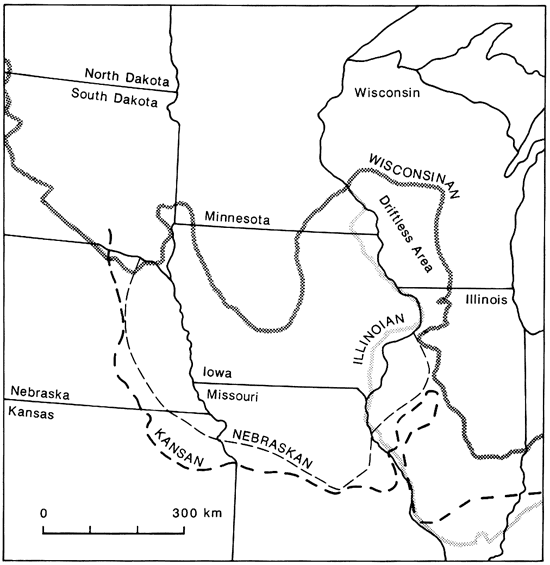 Kansan and Nebraskan glaciers reached NE Kansas; Wisconsinan and Illinoian did not go past central Iowa or eastern Missouri.