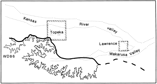 Shoreline of proglacial lakes compared to advance of glacier, from Topeka to Lawrence.