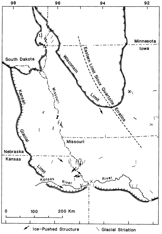 Directional features, such as an ice-pushed structure or a glacial striation, are plotted on a map of NE Kansas, eastern Nebraska, western Iowa, and NW Missouri.