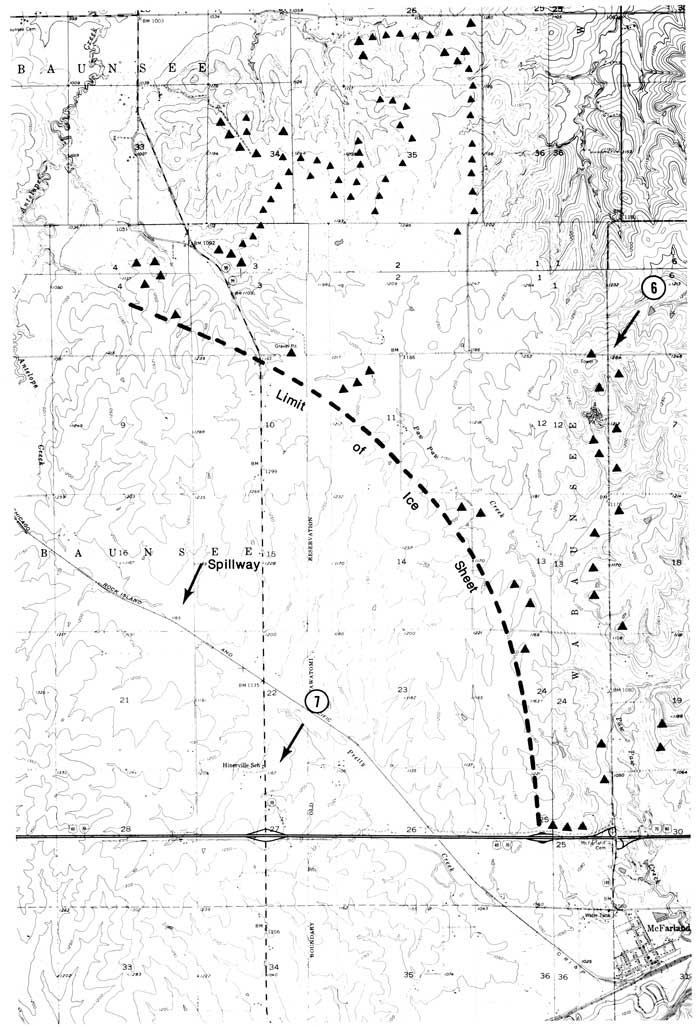 Topo map showing location of Stop 7 on field trip and Sioux quartzite erratics.