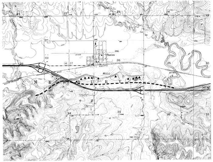 Topo map showing location of rest top on field trip and limit of glacier movement.