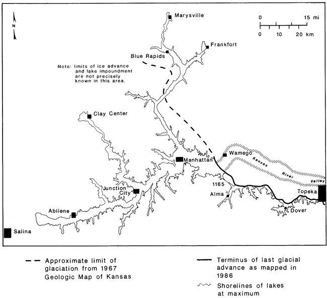 Shoreline of proglacial lakes compared to advance of glacier, from Topeka to Abilene and north to Marysville.