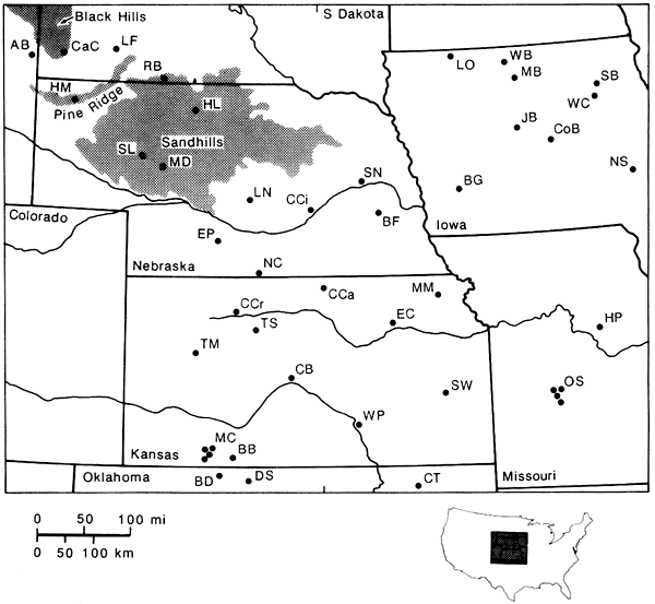 Map of Kansas, Nebraska, Missouri, and Iowa, showing locations listed in table 1.