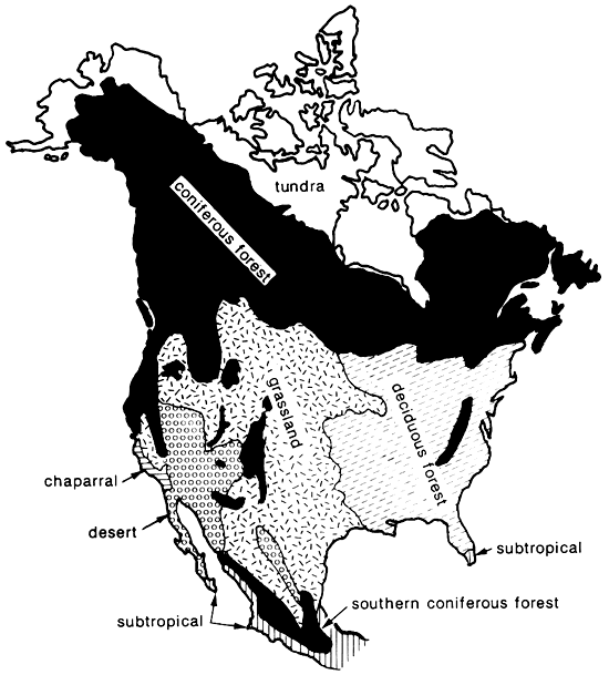 Map of North America showing major biomes. Kansas is in grassland and woodland biomes