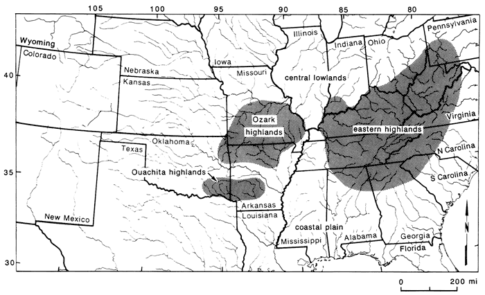 Map of south-central and southern US, showing eastern highlands. Ozark highlands, and Ouachita highlands.
