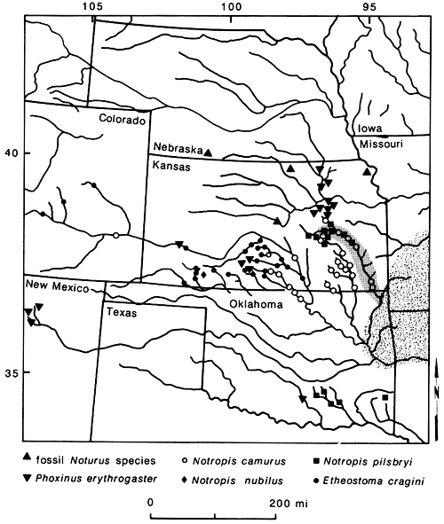 Map of Kansas and surrounding areas showing populations of fishes.