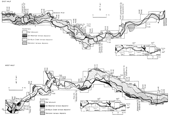 Two maps showing geology of Kansas River valley between Junction City and Kansas City.