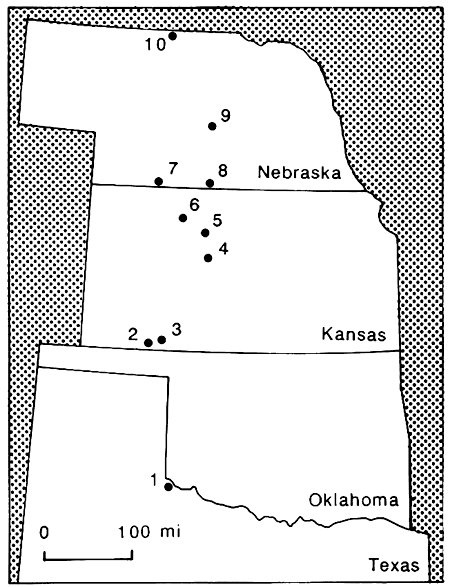 Map of Texas, Oklahoma, Kansas, and Nebraska showing location of faunas discussed.