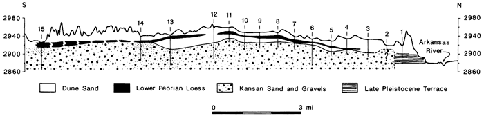 Cross section showing dunes and underlying deposits south of Holcomb.