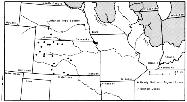 map of Kansas, Missouri, Nebraska, and Iowa showing Bignell loess and Brady soil.