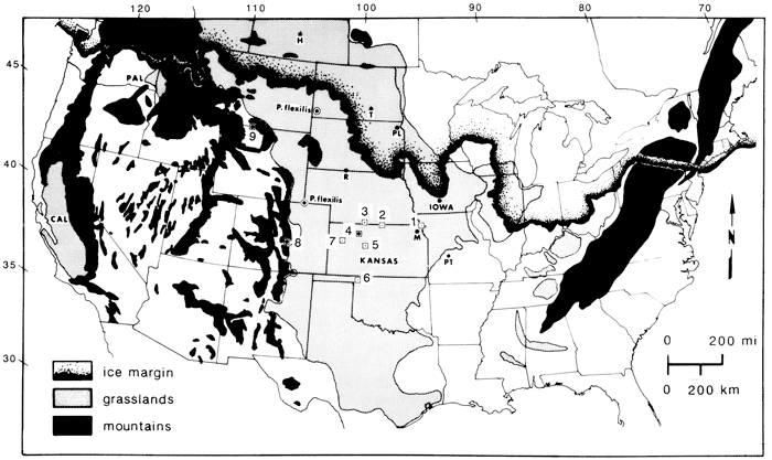 Map of Unites States and southern Canada with sample locations marked along with limits of ice sheet and grassland/mountain zones.