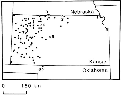 Map of Kansas showing sample locations, primarily in western Kansas; few are in northern Oklahoma, southern Nebraska, and far eastern Kansas.
