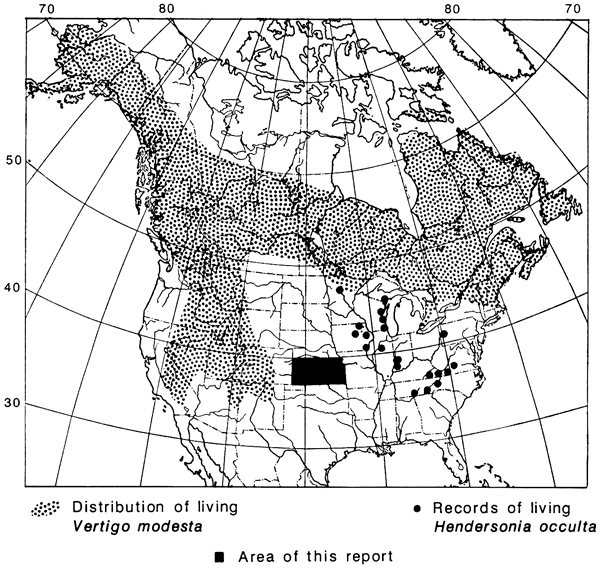 Map of North America showing Vertigo modesta living in Rocky Mountain and northern Canada, and Hendersonia occulta living in midwest and Ohio River valley.